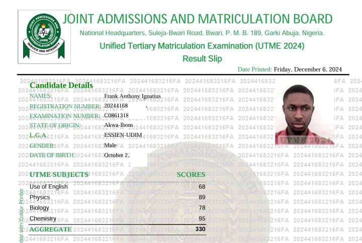 Anthony Frank - 194 to 330 in UTME